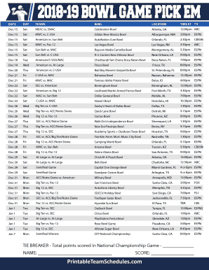 Bowl Game Pick Em Sheet  Form