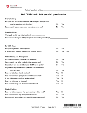 9 Year Old Well Child Check Template  Form