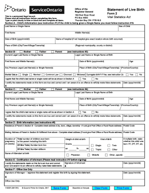 Statement of Live Birth Ontario  Form