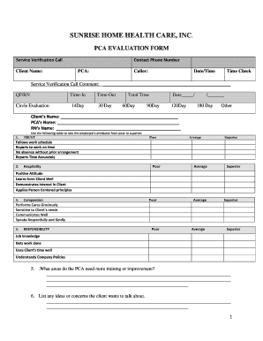 PCA EVALUATION FORM Sunrise Home Health Care,