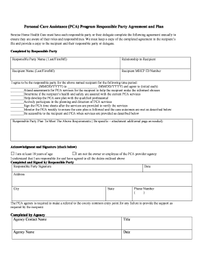 Personal Care Assistance PCA Program Responsible Party Agreement and Plan  Form