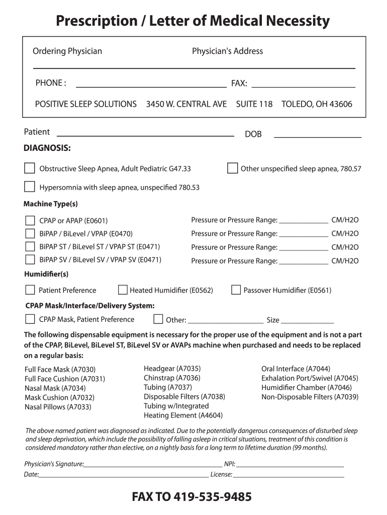 Prescription Letter of Medical Necessity Positive Sleep  Form