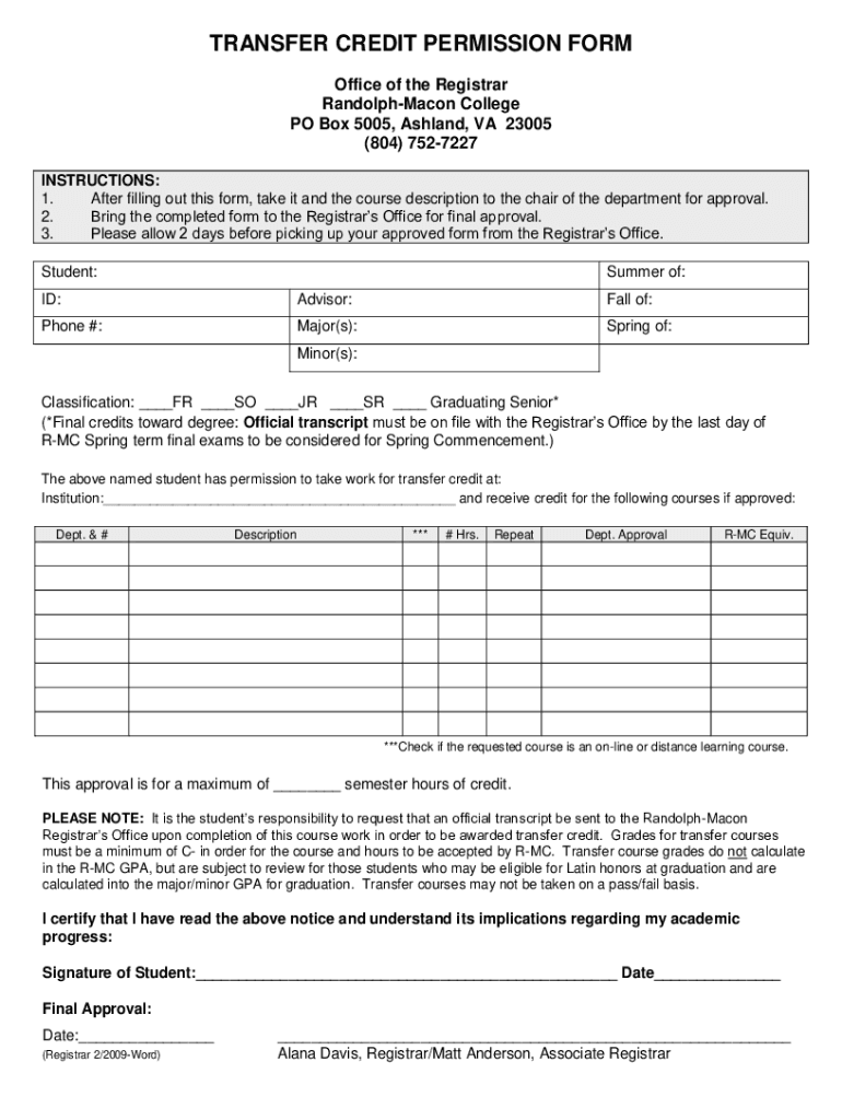 TRANSFER CREDIT PERMISSION FORM Permission Form