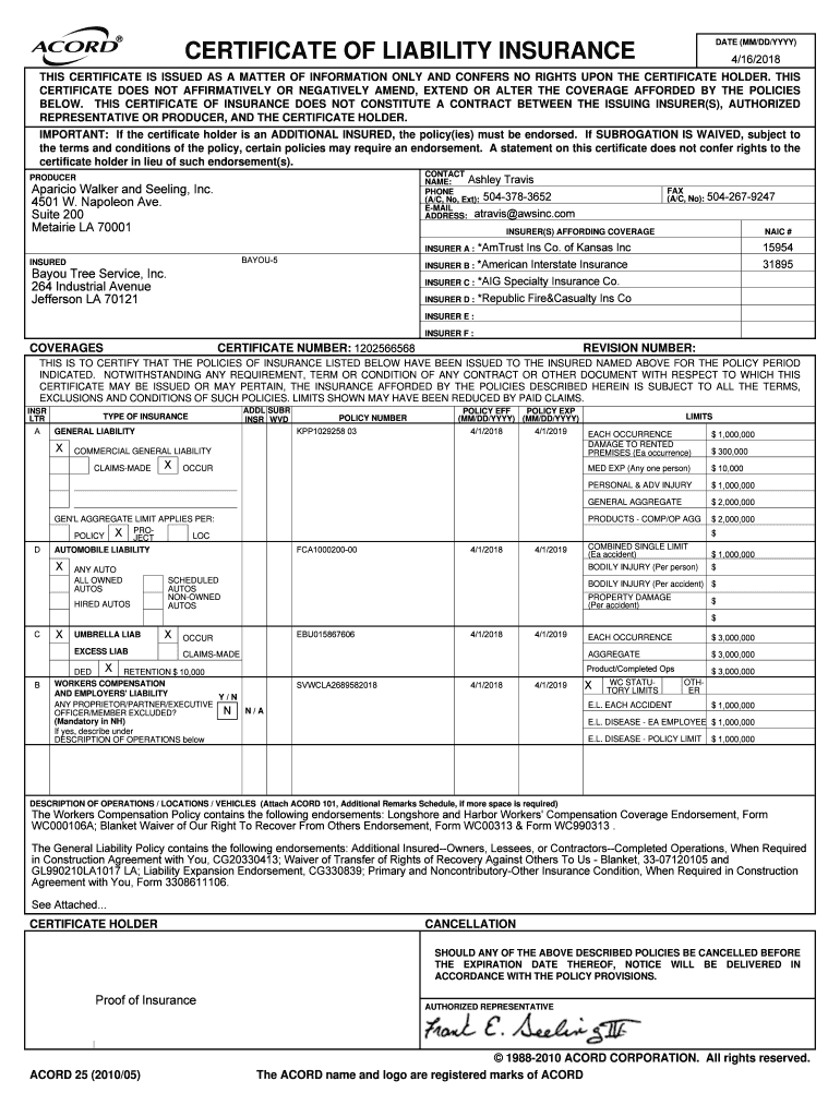 Certificate of Liability Insurance Bayou Tree Service  Form