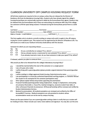 CLARKSON UNIVERSITY off CAMPUS HOUSING REQUEST FORM