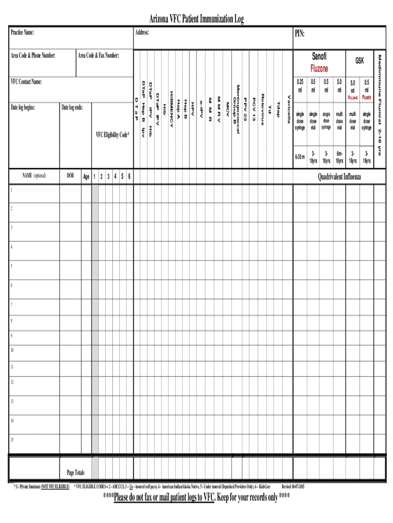  Arizona VFC Patient Immunization Log 2015-2024