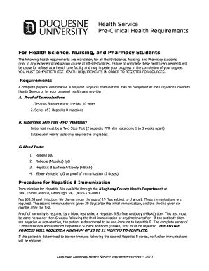 PRE CLINICAL HEALTH REQUIREMENTS PCHR Duquesne  Form