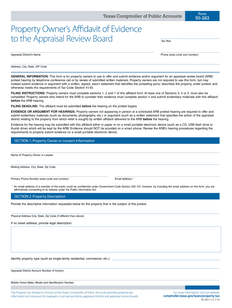  Form 50 283 Property Owner's Affidavit of Evidence to the 2017