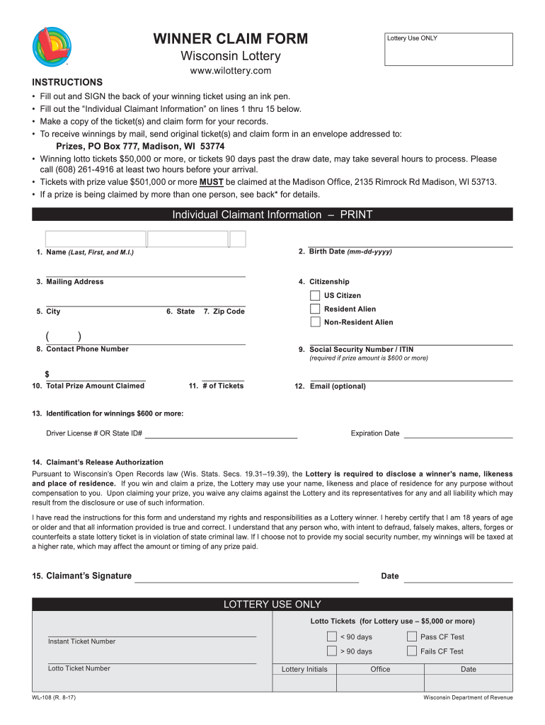  Wisconsin Lottery Claim Form 2017