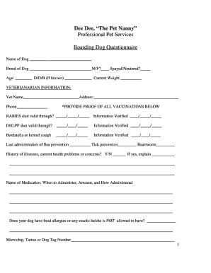 Dog Boarding Questionnaire  Form