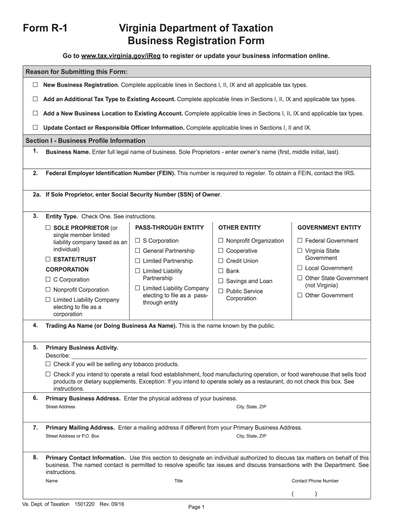  Fillable Va R 1 Form 2016