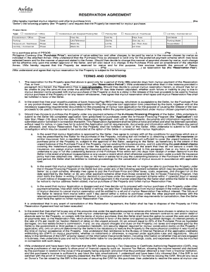 Reservation Agreement Avida Land  Form