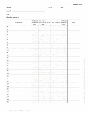 Fountas and Pinnell Class Record Form