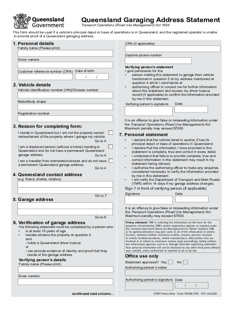  Queensland Garaging Address Statement Queensland Garaging Address Statement 2020-2024