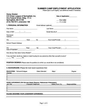 Summer Camp Employment Application Camp Atwater  Form