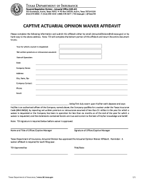 Captive Actuarial Opinion Waiver Affidavit Actuarial Opinion Waiver  Form