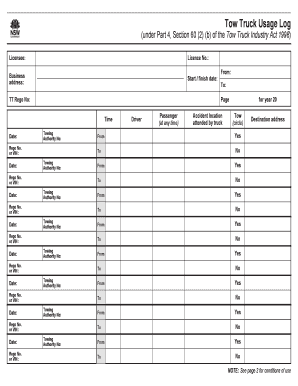 Tow Truck Usage Log  Form