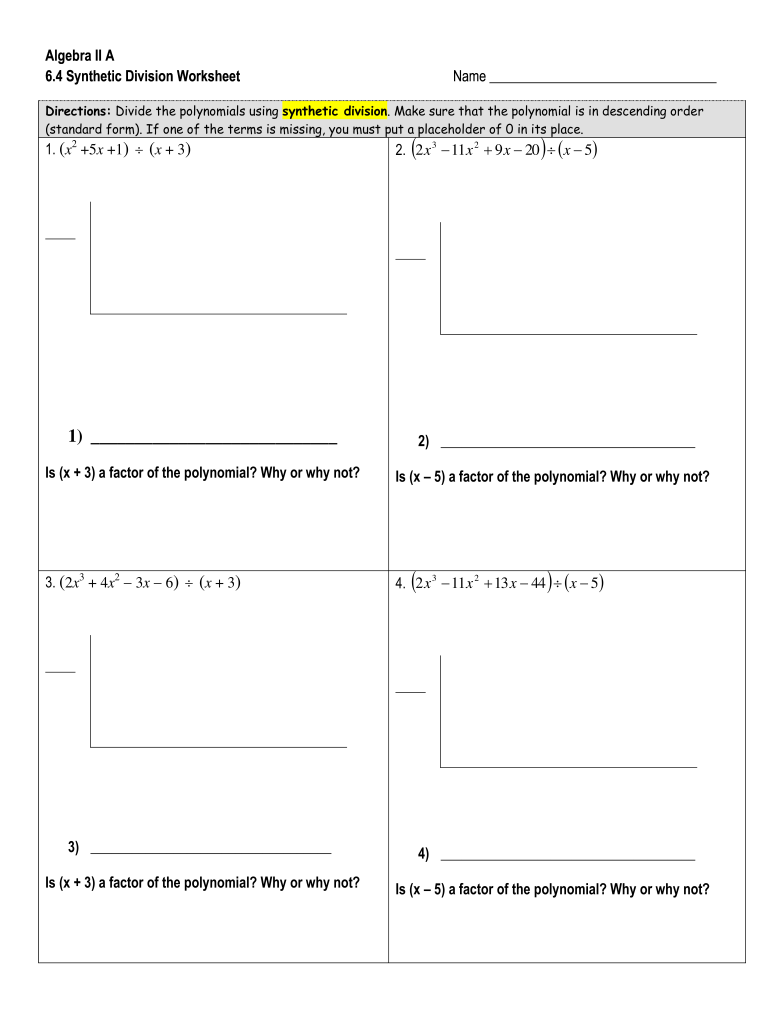 6 4 Synthetic Division Worksheet  Form