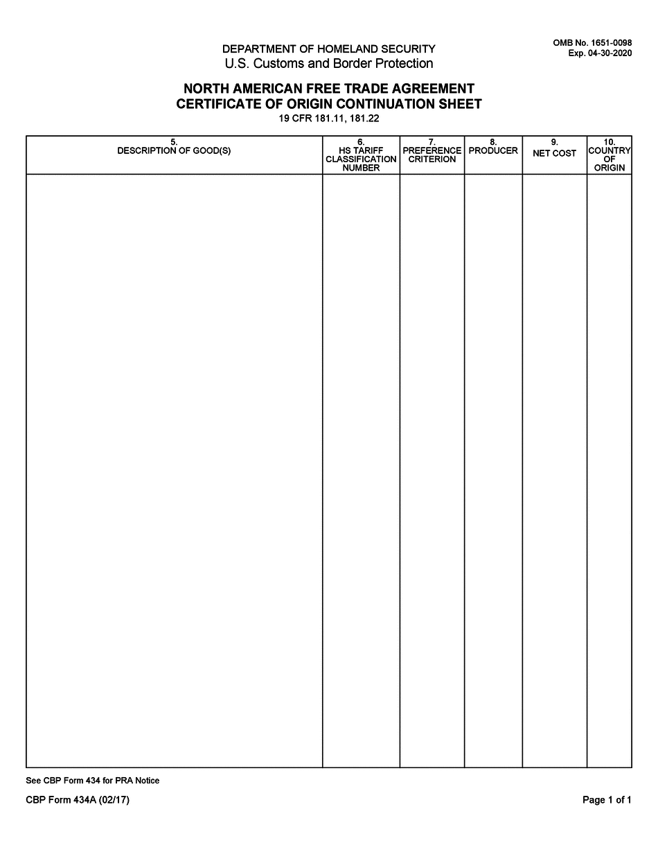  Cbp Form 434 Continuation Sheet 2017-2023