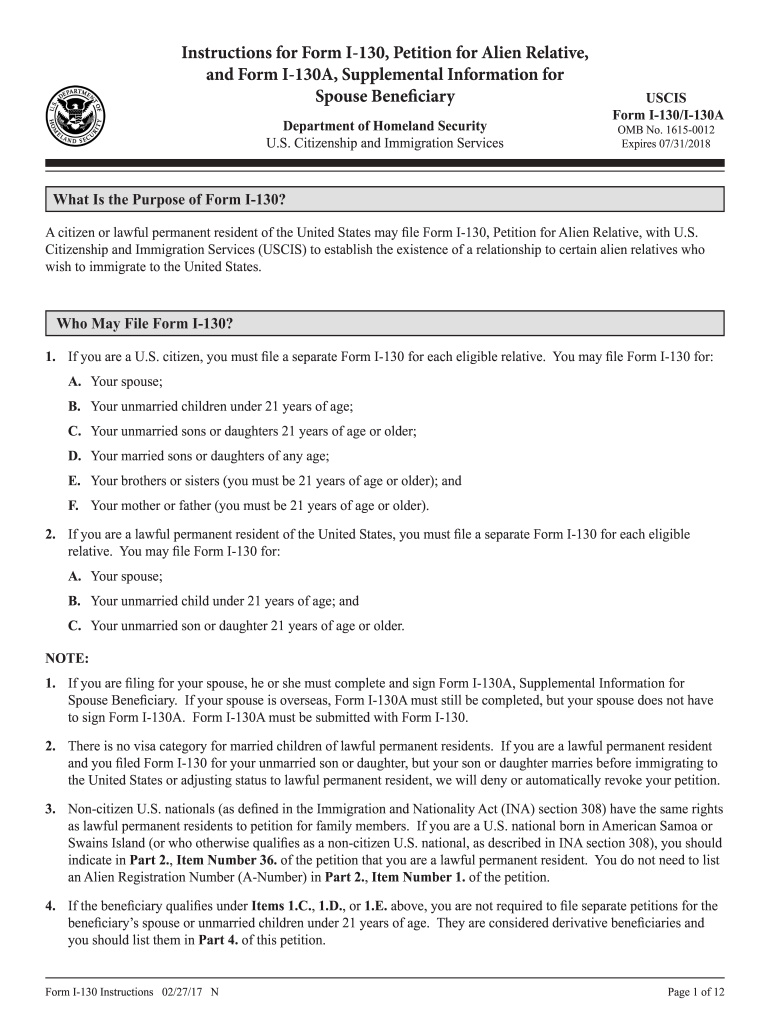  Form I 130 Instructions PDF 2017