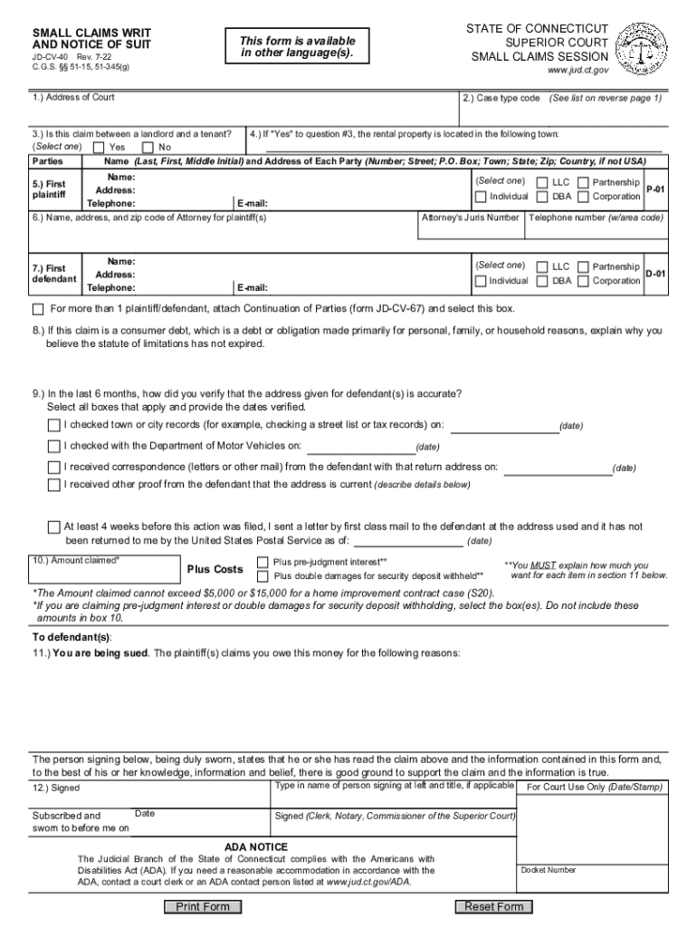 Instructions to Plaintiff the Small Claims Court I  Form