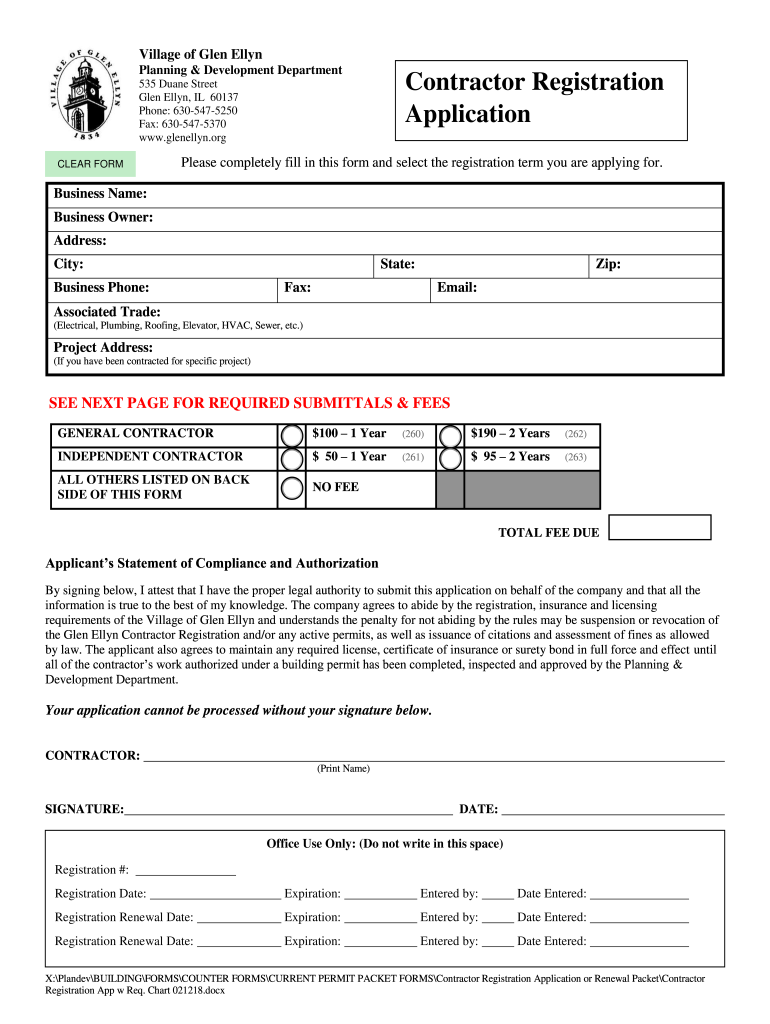 Contractor Registration Application Village of Glen Ellyn  Form