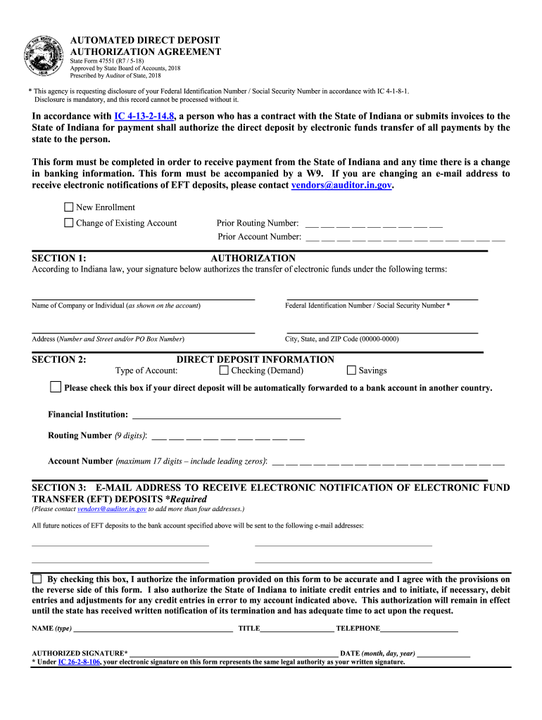 Indiana Direct Deposit Form