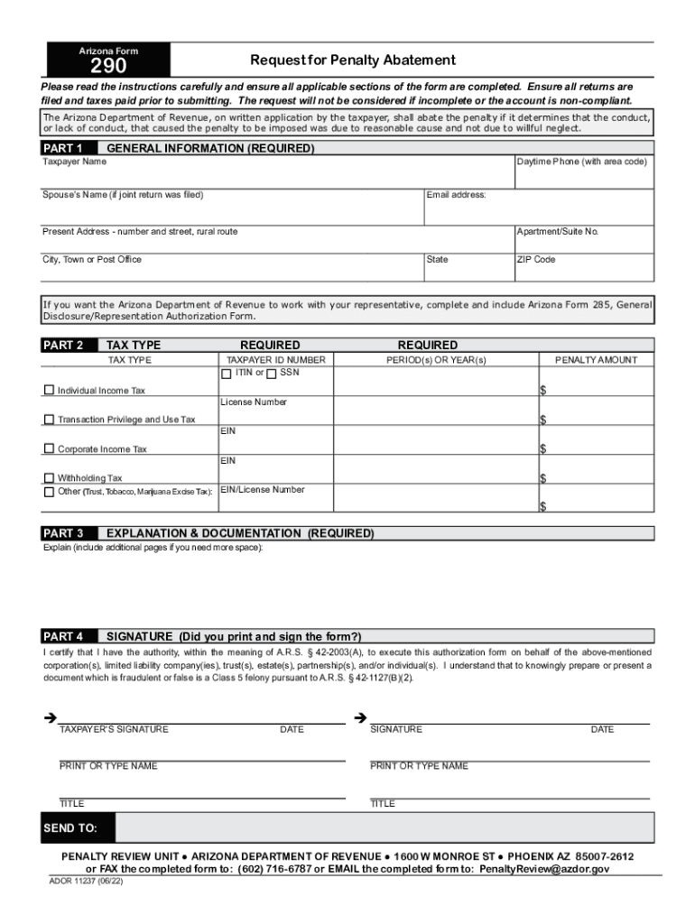  Arizona Form 290 Request for Penalty Abatement 2022-2024