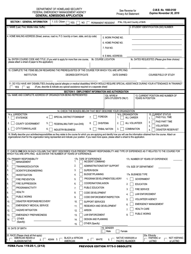  Fema Form 119 25 1 2012-2024