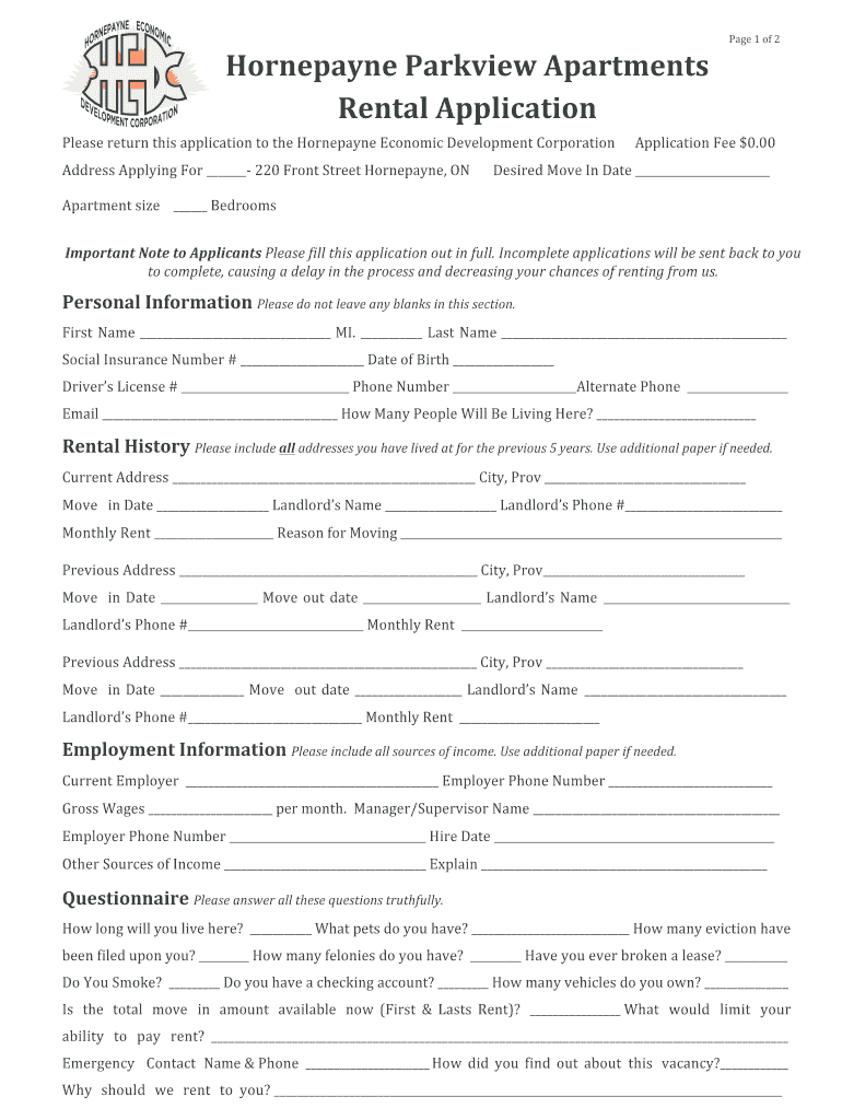 Hornepayne Parkview Apartments Rental Application  Form