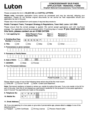 Luton Bus Pass Renewal  Form