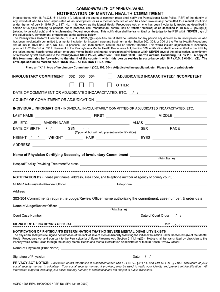 Pennsylvania Mental Health Commitment  Form