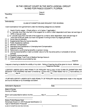  Claim of Exemption and Request for Hearing Pasco County Clerk 2013