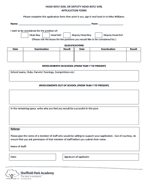 Application for Head Boy  Form