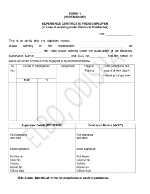 Wireman Experience Certificate  Form