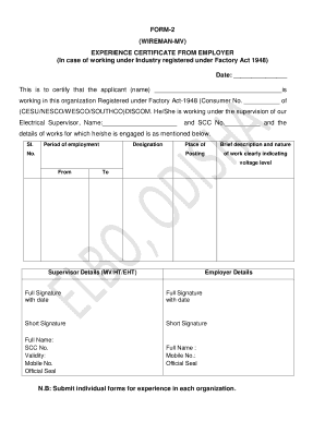 Wireman Experience Certificate  Form