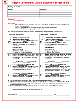 Transport Document for Lithium Batteries  Form