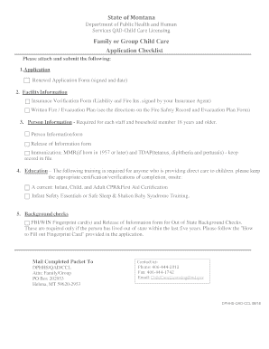 State of Montana Family or Group Child Care Application Checklist  Form