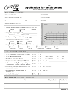 Application for Employment Chappy&#039;s Deli  Form