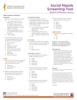 Social Needs Screening Tool Patient Short Form