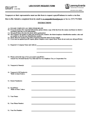 Pa Department of Revenue Bureau of Compliance Lien Section  Form