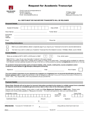 Macquarie University Request Academic Transcript  Form