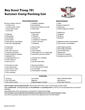 Boy Scout Summer Camp Packing List PDF  Form