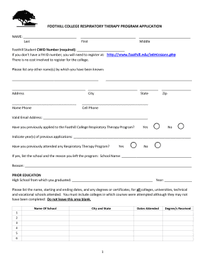 Application Process Respiratory Therapy Foothill College  Form