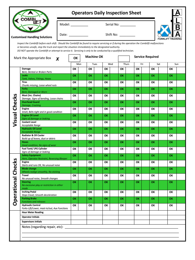 Combilift Operators Daily Inspecion Sheet  Form