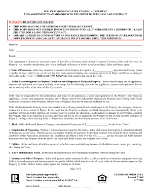 Seller Possession After Closing Agreement  Form