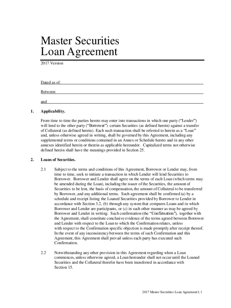 2017MSLA Master Securities Loan Agreement  Form