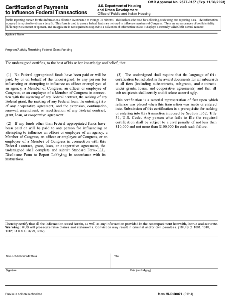 Certification of Payments to Influence Federal Tra  Form