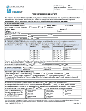 Zimmer Biomet Product Experience Report  Form