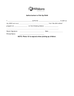 Application for Pick Up Child from School  Form